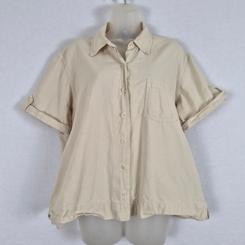 Womens XL Beige 100% Cotton Short Sleeve Button Down Shirt Pocket Cuffed Safari
